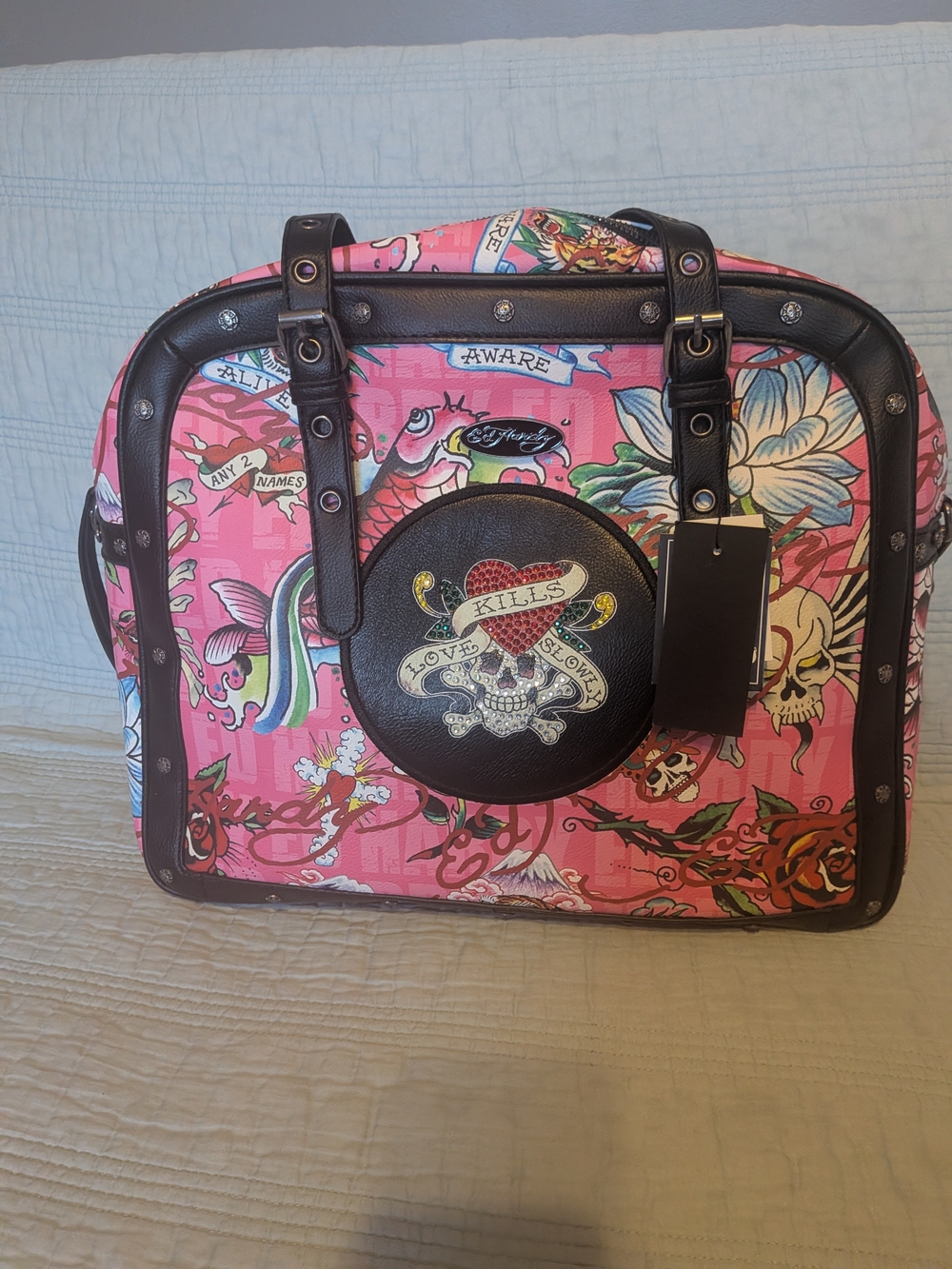 Ed Hardy Pink Graphic Skull Travel Tote with Black Trim